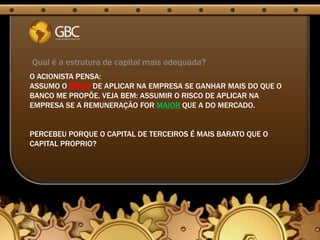 Qual é a estrutura de capital mais adequada?
O ACIONISTA PENSA:
ASSUMO O RISCO DE APLICAR NA EMPRESA SE GANHAR MAIS DO QUE O
BANCO ME PROPÕE. VEJA BEM: ASSUMIR O RISCO DE APLICAR NA
EMPRESA SE A REMUNERAÇÃO FOR MAIOR QUE A DO MERCADO.


PERCEBEU PORQUE O CAPITAL DE TERCEIROS É MAIS BARATO QUE O
CAPITAL PROPRIO?
 