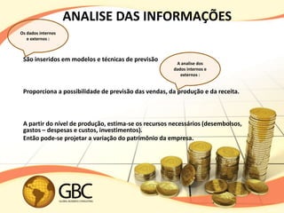 ANALISE DAS INFORMAÇÕES
Os dados internos
   e externos :



 São inseridos em modelos e técnicas de previsão
                                                       A analise dos
                                                      dados internos e
                                                         externos :


 Proporciona a possibilidade de previsão das vendas, da produção e da receita.



 A partir do nível de produção, estima-se os recursos necessários (desembolsos,
 gastos – despesas e custos, investimentos).
 Então pode-se projetar a variação do patrimônio da empresa.
 
