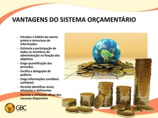 VANTAGENS DO SISTEMA ORÇAMENTÁRIO

 •   Introduz o hábito do exame
     prévio e minucioso de
     informações
 •   Estimula a participação de
     todos os membros da
     administração na fixação dos
     objetivos
 •   Exige quantificação das
     previsões
 •   Facilita a delegação de
     poderes
 •   Exige informações contábeis
     confiáveis
 •   Permite identificar áreas
     eficientes e deficientes
 •   Permite a utilização eficaz dos
     recursos disponíveis
 