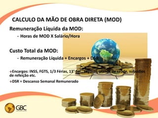 CALCULO DA MÃO DE OBRA DIRETA (MOD)
Remuneração Líquida da MOD:
    •   Horas de MOD X Salário/Hora


Custo Total da MOD:
    •   Remuneração Líquida + Encargos + DSR

Encargos:  INSS, FGTS, 1/3 Férias, 13° Sal., seguros, planos de saúde, subsídios
de refeição etc.
DSR = Descanso Semanal Remunerado
 