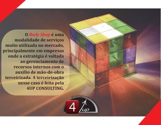 O	 	é	uma	Body	Shop
modalidade	de	serviços	
muito	utilizada	no	mercado,	
principalmente	em	empresas	
onde	a	estratégia	é	voltada	
ao	gerenciamento	de	
recursos	internos	com	o	
auxílio	de	mão-de-obra	
terceirizada.	A	terceirização	
nesse	caso	é	feita	pela		
4UP	CONSULTING.
up
CONSULTING
 