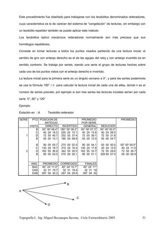 Topografía I, Ing. Miguel Bocanegra Jácome, Ciclo Extraordinario 2005 51
Este procedimiento fue diseñado para trabajarse con los teodolitos denominados reiteradores,
cuya característica es la de carecer del sistema de “congelación” de lecturas, sin embargo con
un teodolito repetidor también se puede aplicar este método.
Los teodolitos óptico mecánicos reiteradores normalmente son más precisos que sus
homólogos repetidores.
Consiste en tomar lecturas a todos los puntos visados partiendo de una lectura inicial, el
sentido de giro con anteojo derecho es el de las agujas del reloj y con anteojo invertido es en
sentido contrario. Se trabaja por series, siendo una serie el grupo de lecturas hechas sobre
cada uno de los puntos vistos con el anteojo derecho e invertido.
La lectura inicial para la primera serie es un ángulo cercano a 0°, y para las series posteriores
se usa la fórmula 180° / n para calcular la lectura inicial de cada una de ellas, donde n es el
número de series previsto, por ejemplo si son tres series las lecturas iniciales serían por cada
serie 0°, 60° y 120°
Ejemplo:
Estación en : A Teodolito reiterador
SERIE PTO POSICION DE
ANTEOJO
PROMEDIO
POR SERIE
PROMEDIO
VISTO DIRECTO INVERTIDO GENERAL REDUCIDO
B 00° 00' 08.4" 180° 00' 06.2" 00° 00' 07.3" 00° 00' 00.0"
C 40 24 16.5 220 24 15.1 40 24 15.8 40 24 08.5
1 D 72 55 40.7 252 55 37.4 72 55 39.1 72 55 31.8
B 00 00 15.1 180 00 08.8 00 00 12.0 00 00 04.7
B 90 00 05.7 270 00 02.5 90 00 04.1 00 00 00.0 00° 00' 00.0"
C 130 24 18.7 310 24 16.4 130 24 17.6 40 24 13.5 40 24 11.0
2 D 162 55 36.9 342 55 30.5 162 55 33.7 72 55 29.6 72 55 30.7
B 90 00 02.0 270 00 00.1 90 00 01.1 359 59 57.0 00 00 00.9
ANG. PROMEDIO CORREGIDO FINALES
BAC 40° 24' 11.0" 40° 24' 10.7" 40° 24' 11"
CAD 32 31 19.7 32 31 19.4 32 31 19
DAB 287 04 30.2 287 04 29.9 287 04 30
B
A
C
D
 