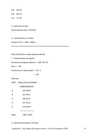 Topografía I, Ing. Miguel Bocanegra Jácome, Ciclo Extraordinario 2005 53
C-D 352.32
D-E 236.14
E-A 171.36
3.- Acimut de un lado.
Acimut del lado A-B = 53 50'00"
4.- Coordenas de un Vértice.
Vértice A (X,Y) ( 5000, 10000 )
========================================================
Para la Solución se usará ángulos externos.
1.- Compensacion de ángulos:
Sumatoria de ángulos externos = 1260° 00' 30"
Error = + 30"
Corrección por cada ángulo = - 30" / 5
= - 06"
Entonces:
VERT. ANGULOS EXTERNOS
COMPENSADOS.
A 278 20'24"
B 227 39 54
C 285 20 24
D 257 42 24
E 210 56 54
-----------------------
SUM. 1260° 00'00"
2.- Cálculo de Acimutes y Rumbos:
 