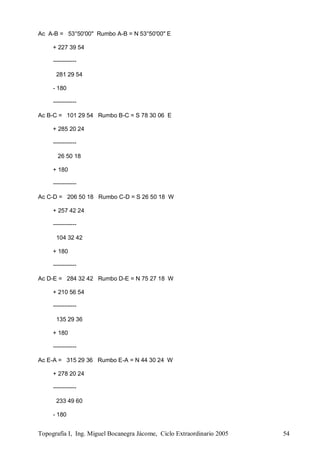 Topografía I, Ing. Miguel Bocanegra Jácome, Ciclo Extraordinario 2005 54
Ac A-B = 53°50'00" Rumbo A-B = N 53°50'00" E
+ 227 39 54
------------
281 29 54
- 180
------------
Ac B-C = 101 29 54 Rumbo B-C = S 78 30 06 E
+ 285 20 24
------------
26 50 18
+ 180
------------
Ac C-D = 206 50 18 Rumbo C-D = S 26 50 18 W
+ 257 42 24
------------
104 32 42
+ 180
------------
Ac D-E = 284 32 42 Rumbo D-E = N 75 27 18 W
+ 210 56 54
------------
135 29 36
+ 180
------------
Ac E-A = 315 29 36 Rumbo E-A = N 44 30 24 W
+ 278 20 24
------------
233 49 60
- 180
 
