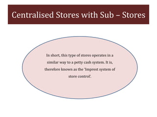 In short, this type of stores operates in a
similar way to a petty cash system. It is,
therefore known as the ‘Imprest system of
store control’.
Centralised Stores with Sub – Stores
 