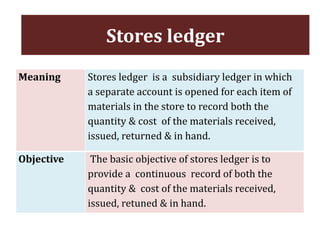 Stores ledger
Meaning Stores ledger is a subsidiary ledger in which
a separate account is opened for each item of
materials in the store to record both the
quantity & cost of the materials received,
issued, returned & in hand.
Objective The basic objective of stores ledger is to
provide a continuous record of both the
quantity & cost of the materials received,
issued, retuned & in hand.
Stores ledger
 