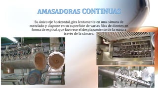 Su único eje horizontal, gira lentamente en una cámara de
mezclado y dispone en su superficie de varias filas de dientes en
forma de espiral, que favorece el desplazamiento de la masa a
través de la cámara.
 
