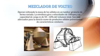 Operan volteando la masa de los sólidos en un tambor giratorio de
forma variada. La envoltura gira a velocidades de 100rpm y su
capacidad de carga es de 50 – 60% del volumen total. Son más
adecuados para la mezcla suave de productos sólidos pulverizados
de características similares.
 