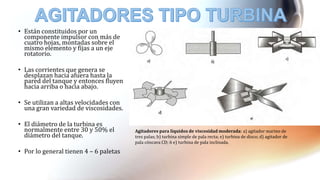 • Están constituidos por un
componente impulsor con más de
cuatro hojas, montadas sobre el
mismo elemento y fijas a un eje
rotatorio.
• Las corrientes que genera se
desplazan hacia afuera hasta la
pared del tanque y entonces fluyen
hacia arriba o hacia abajo.
• Se utilizan a altas velocidades con
una gran variedad de viscosidades.
• El diámetro de la turbina es
normalmente entre 30 y 50% el
diámetro del tanque.
• Por lo general tienen 4 – 6 paletas
Agitadores para líquidos de viscosidad moderada: a) agitador marino de
tres palas; b) turbina simple de pala recta; e) turbina de disco; d) agitador de
pala cóncava CD; 6 e) turbina de pala inclinada.
 