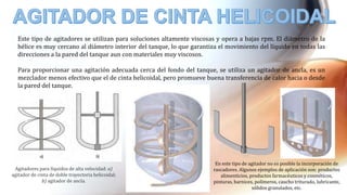 Este tipo de agitadores se utilizan para soluciones altamente viscosas y opera a bajas rpm. El diámetro de la
hélice es muy cercano al diámetro interior del tanque, lo que garantiza el movimiento del líquido en todas las
direcciones a la pared del tanque aun con materiales muy viscosos.
Para proporcionar una agitación adecuada cerca del fondo del tanque, se utiliza un agitador de ancla, es un
mezclador menos efectivo que el de cinta helicoidal, pero promueve buena transferencia de calor hacia o desde
la pared del tanque.
Agitadores para líquidos de alta velocidad: a)
agitador de cinta de doble trayectoria helicoidal;
b) agitador de ancla.
En este tipo de agitador no es posible la incorporación de
rascadores. Algunos ejemplos de aplicación son: productos
alimenticios, productos farmacéuticos y cosméticos,
pinturas, barnices, polímeros, caucho triturado, lubricante,
sólidos granulados, etc.
 