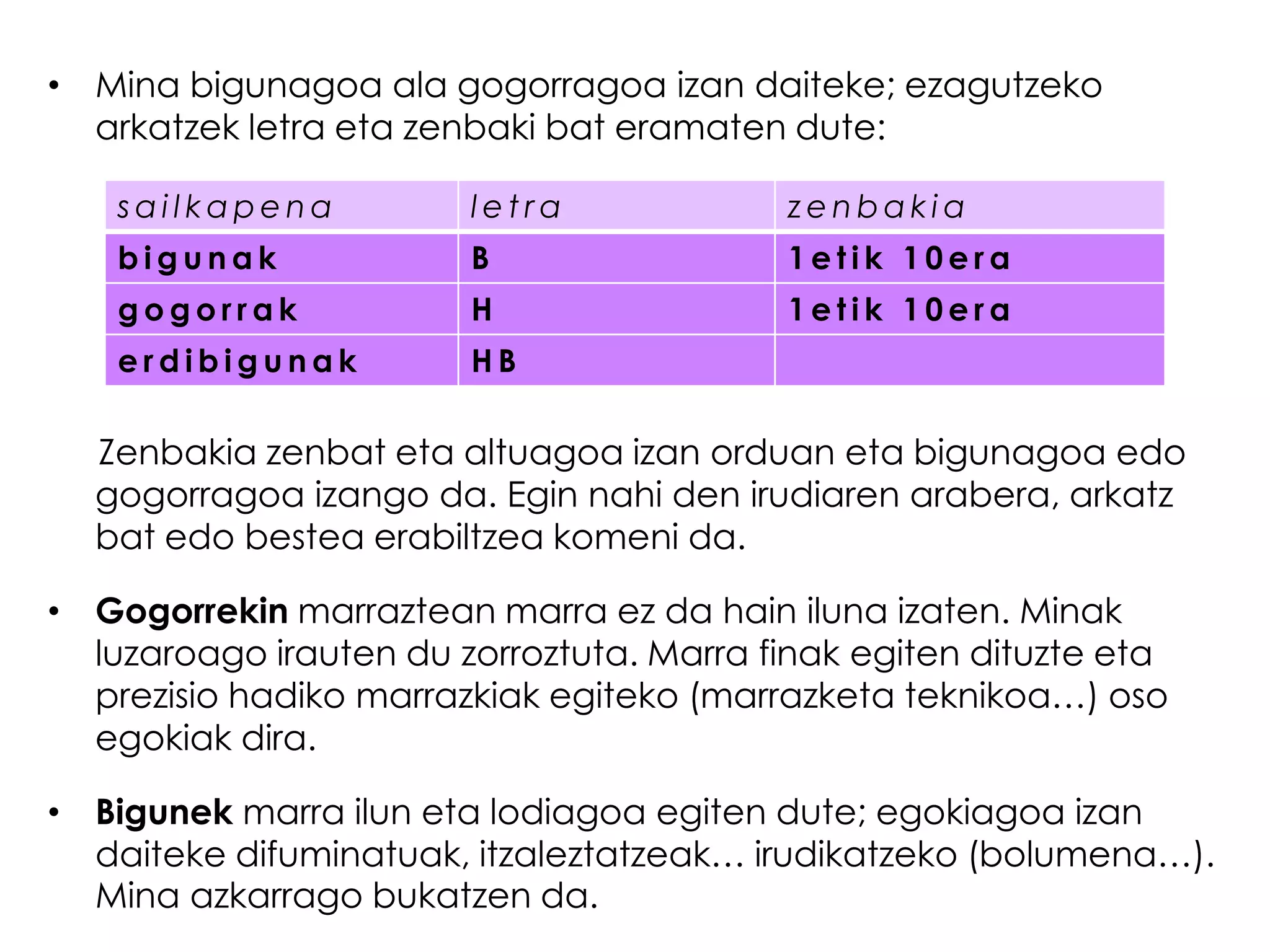• Mina bigunagoa ala gogorragoa izan daiteke; ezagutzeko
  arkatzek letra eta zenbaki bat eramaten dute:

    sailkapena          letra             zenbakia
    bigunak             B                 1etik 10era
    gogorrak            H                 1etik 10era
    erdibigunak         HB

  Zenbakia zenbat eta altuagoa izan orduan eta bigunagoa edo
  gogorragoa izango da. Egin nahi den irudiaren arabera, arkatz
  bat edo bestea erabiltzea komeni da.

• Gogorrekin marraztean marra ez da hain iluna izaten. Minak
  luzaroago irauten du zorroztuta. Marra finak egiten dituzte eta
  prezisio hadiko marrazkiak egiteko (marrazketa teknikoa…) oso
  egokiak dira.

• Bigunek marra ilun eta lodiagoa egiten dute; egokiagoa izan
  daiteke difuminatuak, itzaleztatzeak… irudikatzeko (bolumena…).
  Mina azkarrago bukatzen da.
 