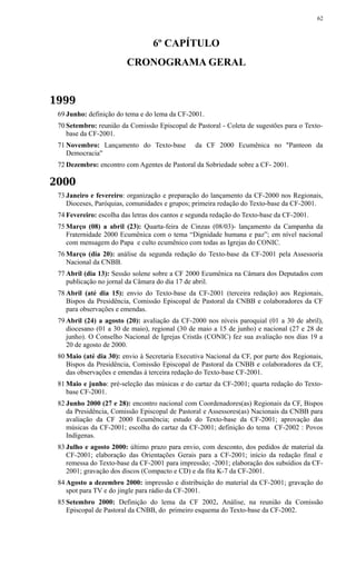 6º CAPÍTULO
CRONOGRAMA GERAL
1999
69 Junho: definição do tema e do lema da CF-2001.
70 Setembro: reunião da Comissão Episcopal de Pastoral - Coleta de sugestões para o Texto-
base da CF-2001.
71 Novembro: Lançamento do Texto-base da CF 2000 Ecumênica no "Panteon da
Democracia"
72 Dezembro: encontro com Agentes de Pastoral da Sobriedade sobre a CF- 2001.
2000
73 Janeiro e fevereiro: organização e preparação do lançamento da CF-2000 nos Regionais,
Dioceses, Paróquias, comunidades e grupos; primeira redação do Texto-base da CF-2001.
74 Fevereiro: escolha das letras dos cantos e segunda redação do Texto-base da CF-2001.
75 Março (08) a abril (23): Quarta-feira de Cinzas (08/03)- lançamento da Campanha da
Fraternidade 2000 Ecumênica com o tema “Dignidade humana e paz”; em nível nacional
com mensagem do Papa e culto ecumênico com todas as Igrejas do CONIC.
76 Março (dia 20): análise da segunda redação do Texto-base da CF-2001 pela Assessoria
Nacional da CNBB.
77 Abril (dia 13): Sessão solene sobre a CF 2000 Ecumênica na Câmara dos Deputados com
publicação no jornal da Câmara do dia 17 de abril.
78 Abril (até dia 15): envio do Texto-base da CF-2001 (terceira redação) aos Regionais,
Bispos da Presidência, Comissão Episcopal de Pastoral da CNBB e colaboradores da CF
para observações e emendas.
79 Abril (24) a agosto (20): avaliação da CF-2000 nos níveis paroquial (01 a 30 de abril),
diocesano (01 a 30 de maio), regional (30 de maio a 15 de junho) e nacional (27 e 28 de
junho). O Conselho Nacional de Igrejas Cristãs (CONIC) fez sua avaliação nos dias 19 a
20 de agosto de 2000.
80 Maio (até dia 30): envio à Secretaria Executiva Nacional da CF, por parte dos Regionais,
Bispos da Presidência, Comissão Episcopal de Pastoral da CNBB e colaboradores da CF,
das observações e emendas à terceira redação do Texto-base CF-2001.
81 Maio e junho: pré-seleção das músicas e do cartaz da CF-2001; quarta redação do Texto-
base CF-2001.
82 Junho 2000 (27 e 28): encontro nacional com Coordenadores(as) Regionais da CF, Bispos
da Presidência, Comissão Episcopal de Pastoral e Assessores(as) Nacionais da CNBB para
avaliação da CF 2000 Ecumência; estudo do Texto-base da CF-2001; aprovação das
músicas da CF-2001; escolha do cartaz da CF-2001; definição do tema CF-2002 : Povos
Indígenas.
83 Julho e agosto 2000: último prazo para envio, com desconto, dos pedidos de material da
CF-2001; elaboração das Orientações Gerais para a CF-2001; início da redação final e
remessa do Texto-base da CF-2001 para impressão; -2001; elaboração dos subsídios da CF-
2001; gravação dos discos (Compacto e CD) e da fita K-7 da CF-2001.
84 Agosto a dezembro 2000: impressão e distribuição do material da CF-2001; gravação do
spot para TV e do jingle para rádio da CF-2001.
85 Setembro 2000: Definição do lema da CF 2002. Análise, na reunião da Comissão
Episcopal de Pastoral da CNBB, do primeiro esquema do Texto-base da CF-2002.
62
 