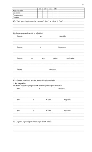 sim não sim não
Adesivo-lema
Envelopes
Faixa de pano
Outdoor
4.3 - Teria outro tipo de material a sugerir? Sim ( ) Não ( ) Qual? .............................................
..............................................................................................................................................................
..............................................................................................................................................................
..............................................................................................................................................................
4.4- Como a paróquia avalia os subsídios?
Quanto ao conteúdo:
..............................................................................................................................................................
..............................................................................................................................................................
..............................................................................................................................................................
Quanto à linguagem:
..............................................................................................................................................................
..............................................................................................................................................................
..............................................................................................................................................................
Quanto ao seu poder motivador:
..............................................................................................................................................................
..............................................................................................................................................................
..............................................................................................................................................................
Outros aspectos:
..............................................................................................................................................................
..............................................................................................................................................................
..............................................................................................................................................................
4.5 - Quando a paróquia recebeu o material encomendado? ...............................................................
? 5 - Sugestões
5.1- Sobre a organização geral da Campanha para os próximos anos:
Para a Diocese:
..............................................................................................................................................................
..............................................................................................................................................................
..............................................................................................................................................................
Para a CNBB Regional:
..............................................................................................................................................................
..............................................................................................................................................................
..............................................................................................................................................................
Para a CNBB Nacional:
..............................................................................................................................................................
..............................................................................................................................................................
..............................................................................................................................................................
5.2 - Alguma sugestão para a realização da CF-2002?
..............................................................................................................................................................
..............................................................................................................................................................
..............................................................................................................................................................
67
 