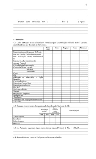 ..............................................................................................................................................................
..............................................................................................................................................................
..............................................................................................................................................................
..............................................................................................................................................................
Tiveram outra aplicação? Sim ( ) Não ( ) Qual?
..............................................................................................................................................................
..............................................................................................................................................................
..............................................................................................................................................................
..............................................................................................................................................................
4 - Subsídios
4.1. Como a Diocese avalia os subsídios fornecidos pela Coordenação Nacional da CF? (resumo
quantificado do que disseram as Paróquias).
Muito
bom
Bom Regular Fraco Não usado
Fraternidade nos Grupos de Reflexão
Frat. na Escola/ Ensino Fundamental I
Frat. na Escola/ Ensino Fundamental
II
Frat. na Escola/ Ensino médio
Agenda Pastoral
Calendário da Fraternidade
Cantos da Missa: entrada
ofertório
comunhão
Cartaz
CD
Celebração da Misericórdia e Vigília
Eucarística
Círculos Bíblicos
Encontros Catequéticos
Encontros com Jovens
Fita K-7
Jingle para Rádio
Manual
Oração da Campanha
Spot para TV
Texto base
Texto base em linguagem simplificada
Via Sacra
4.2- As peças promocionais, fornecidas pela Coordenação Nacional da CF:
Foram bem
aceitas?
Devem
continuar
sendo
produzidas?
Observações
sim não sim não
Adesivo-lema
Envelopes
Faixa de pano
Outdoor
4.3 - As Paróquias sugeriram algum outros tipo de material? Sim ( ) Não ( ) Qual? ..................
..............................................................................................................................................................
..............................................................................................................................................................
4.4- Resumidamente, como as Paróquias avaliaram os subsídios:
75
 