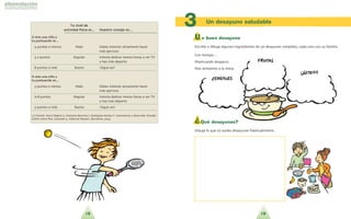 19
U n buen desayuno
Escribe o dibuja algunos ingredientes de un desayuno completo, cada uno con su familia.
Con tiempo…
Masticando despacio.
Nos sentamos a la mesa.
¿ Qué desayunas?
Dibuja lo que tu´ sueles desayunar habitualmente.
Un desayuno saludable
3TTuu nniivveell ddee
aaccttiivviiddaadd ffi´i´ssiiccaa eess...... NNuueessttrroo ccoonnsseejjoo eess……
SSii eerreess uunnaa nniin˜n˜aa yy
ttuu ppuunnttuuaacciio´o´nn eess……
4 puntos o menos Malo Debes intentar seriamente hacer
ma´s ejercicio.
5-7 puntos Regular Intenta dedicar menos horas a ver TV
y haz ma´s deporte.
8 puntos o ma´s Bueno !Sigue asi´!
SSii eerreess uunnaa nniin˜n˜oo yy
ttuu ppuunnttuuaacciio´o´nn eess……
5 puntos o menos Malo Debes intentar seriamente hacer
ma´s ejercicio.
6-8 puntos Regular Intenta dedicar menos horas a ver TV
y haz ma´s deporte.
9 puntos o ma´s Bueno !Sigue asi´!
1 Fuente: Serra Majem Ll, Aranceta Bartrina J, Rodri´guez-Santos F. Crecimiento y desarrollo. Estudio
enKid. Krece Plus. Volumen 4. Editorial Masson. Barcelona, 2003.
18
 