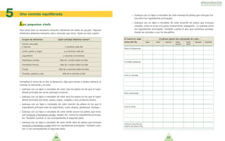 26 27
Los pequeños chefs
Para estar bien es necesario consumir alimentos de todos los grupos. Algunos
alimentos debemos tomarlos ma´s a menudo que otros. Fi´jate en este cuadro:
. . . . . . . . . . . . . . . . . . . . . . . . . . . . . . . . . . . . . . . . . . . . . . . . . . . . . . . . . . . . . . . . . . . . . .
. . . . . . . . . . . . . . . . . . . . . . . . . . . . . . . . . . . . . . . . . . . . . . . . . . . . . . . . . . . . . . . . . . . . . .
. . . . . . . . . . . . . . . . . . . . . . . . . . . . . . . . . . . . . . . . . . . . . . . . . . . . . . . . . . . . . . . . . . . . . .
. . . . . . . . . . . . . . . . . . . . . . . . . . . . . . . . . . . . . . . . . . . . . . . . . . . . . . . . . . . . . . . . . . . . . .
¿Puedes confeccionar un par de menu´s equilibrados?:
. . . . . . . . . . . . . . . . . . . . . . . . . . . . . . . . . . . . . . . . . . . . . . . . . . . . . . . . . . . . . . . . . . . . . .
Completa el menu´ de un di´a: el desayuno, algo para tomar a media man˜ana, la
comida, la merienda y la cena.
• Subraya con un la´piz o rotulador de color rojo los platos en los que el ingre-
diente principal sea carne, pescado o huevos.
• Subraya con un la´piz o rotulador de color azul los platos en los que el ingre-
diente principal sea leche, queso, yogur, cuajada u otro producto la´cteo.
• Subraya con un la´piz o rotulador de color marro´n los platos en los que el
ingrediente principal sean las legumbres, como alubias, garbanzos, lentejas...
• Subraya con un la´piz o rotulador de color verde oscuro los platos que inclu-
yan verduras y hortalizas cocidas, asadas, etc., entre los ingredientes principa-
les. Tambie´n cuentan si van acompan˜ando al segundo plato.
• Subraya con un la´piz o rotulador de color verde claro los platos que incluyan
verduras y hortalizas crudas entre los ingredientes principales. Tambie´n cuen-
tan si van acompan˜ando al segundo plato.
GGrruuppooss ddee aalliimmeennttooss ??QQuue´e´ ccaannttiiddaadd ddeebbeemmooss ttoommaarr??
Carnes, pescados
y huevos 2 raciones cada di´a
Leche, queso y yogur 3-4 raciones cada di´a
Legumbres 3 raciones a la semana
Hortalizas cocidas Ma´s de 1 racio´n todos los di´as
Hortalizas frescas Ma´s de 1 racio´n todos los di´as
Frutas Ma´s de 3 raciones todos los di´as
Cereales, patatas y pan Ma´s de 6 raciones al di´a
Una comida equilibrada
5 • Subraya con un la´piz o rotulador de color naranja los platos que incluyan fru-
tas entre los ingredientes principales.
• Subraya con un la´piz o rotulador de color amarillo los platos que incluyan
cereales, como el arroz o la pasta macarrones, espaguetis... o patatas entre
los ingredientes principales. Tambie´n cuenta el pan que comemos acompa-
n˜ando las comidas o con los bocadillos.
EEll mmeennu´u´ eenn ccaaddaa ??CCuua´a´nnttooss ppllaattooss hhaass ssuubbrraayyaaddoo ddee ccoolloorr......
ttoommaa ddeell ddi´i´aa RRoojjoo?? AAzzuull?? MMaarrrro´o´nn?? VVeerrddee VVeerrddee NNaarraannjjaa?? AAmmaarriilllloo??
oossccuurroo?? ccllaarroo??
Para el desayuno:
A media man˜ana:
Con la comida:
Para merendar:
Con la cena:
Suma en esta fila los
colores de todo el di´a
 
