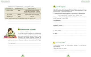 3534
Ahora, puedes sumar tu puntuacio´n. Te damos algu´n consejo:
. . . . . . . . . . . . . . . . . . . . . . . . . . . . . . . . . . . . . . . . . . . . . . . . . . . . . . . . . . . . . . . . . . . . . .
. . . . . . . . . . . . . . . . . . . . . . . . . . . . . . . . . . . . . . . . . . . . . . . . . . . . . . . . . . . . . . . . . . . . . .
Complementando la comida
Las recomendaciones dicen que...
La cena debe consistir en alimentos que complementen
a los de la comida: un plato de verdura si han tomado
pasta, arroz o legumbre al mediodi´a, un plato de pasta
o patata si han tomado verdura en la comida. De
segundo, pescado, si han comido carne y huevo o pes-
cado si han comido carne. De postre, fruta, si han comido un la´cteo. Pan y agua.
?Y tu´, que´ opinas? . . . . . . . . . . . . . . . . . . . . . . . . . . . . . . . . . . . . . . . . . . . . . . . . . . . . .
. . . . . . . . . . . . . . . . . . . . . . . . . . . . . . . . . . . . . . . . . . . . . . . . . . . . . . . . . . . . . . . . . . . . . .
. . . . . . . . . . . . . . . . . . . . . . . . . . . . . . . . . . . . . . . . . . . . . . . . . . . . . . . . . . . . . . . . . . . . . .
. . . . . . . . . . . . . . . . . . . . . . . . . . . . . . . . . . . . . . . . . . . . . . . . . . . . . . . . . . . . . . . . . . . . . .
. . . . . . . . . . . . . . . . . . . . . . . . . . . . . . . . . . . . . . . . . . . . . . . . . . . . . . . . . . . . . . . . . . . . . .
Siguiendo la pista
Algunos alimentos los consumimos tal y como se obtienen, pero en muchos
casos los productos siguen una serie de procesos hasta convertirse en lo que
encontramos en las tiendas de alimentacio´n.
Te proponemos seguir la pista a algunos de ellos. Hoy en el menu´ tenemos...
MMaaccaarrrroonneess ccoonn ssaallssaa ddee ttoommaattee,, qquueessoo rraallllaaddoo yy aattu´u´nn ..
Averigua de do´nde procede cada alimento, que´ transformaciones y procesos ha
sufrido hasta llegar a nuestro plato.
LLooss mmaaccaarrrroonneess...... . . . . . . . . . . . . . . . . . . . . . . . . . . . . . . . . . . . . . . . . . . . . . . . . . . . . .
. . . . . . . . . . . . . . . . . . . . . . . . . . . . . . . . . . . . . . . . . . . . . . . . . . . . . . . . . . . . . . . . . . . . . .
. . . . . . . . . . . . . . . . . . . . . . . . . . . . . . . . . . . . . . . . . . . . . . . . . . . . . . . . . . . . . . . . . . . . . .
LLaa ssaallssaa ddee ttoommaattee...... . . . . . . . . . . . . . . . . . . . . . . . . . . . . . . . . . . . . . . . . . . . . . . . . . .
. . . . . . . . . . . . . . . . . . . . . . . . . . . . . . . . . . . . . . . . . . . . . . . . . . . . . . . . . . . . . . . . . . . . . .
. . . . . . . . . . . . . . . . . . . . . . . . . . . . . . . . . . . . . . . . . . . . . . . . . . . . . . . . . . . . . . . . . . . . . .
EEll qquueessoo rraallllaaddoo...... . . . . . . . . . . . . . . . . . . . . . . . . . . . . . . . . . . . . . . . . . . . . . . . . . . . .
. . . . . . . . . . . . . . . . . . . . . . . . . . . . . . . . . . . . . . . . . . . . . . . . . . . . . . . . . . . . . . . . . . . . . .
EEll aattu´u´nn...... . . . . . . . . . . . . . . . . . . . . . . . . . . . . . . . . . . . . . . . . . . . . . . . . . . . . . . . . . . . . .
. . . . . . . . . . . . . . . . . . . . . . . . . . . . . . . . . . . . . . . . . . . . . . . . . . . . . . . . . . . . . . . . . . . . . .
. . . . . . . . . . . . . . . . . . . . . . . . . . . . . . . . . . . . . . . . . . . . . . . . . . . . . . . . . . . . . . . . . . . . . .
L a cena saludable
Pensemos co´mo debe ser una dieta saludable, pero antes intenta responder
estas preguntas.
?Que´ sueles tomar para cenar? . . . . . . . . . . . . . . . . . . . . . . . . . . . . . . . . . . . . . . . . . .
. . . . . . . . . . . . . . . . . . . . . . . . . . . . . . . . . . . . . . . . . . . . . . . . . . . . . . . . . . . . . . . . . . . . . .
. . . . . . . . . . . . . . . . . . . . . . . . . . . . . . . . . . . . . . . . . . . . . . . . . . . . . . . . . . . . . . . . . . . . . .
SSii ttuu ppuunnttuuaacciio´o´nn eess...... TTuu aalliimmeennttaacciio´o´nn eess...... NNuueessttrroo ccoonnsseejjoo eess……
5 puntos o menos MMaallaa Debes intentar seriamente cambiar
algunos ha´bitos alimentarios. Tu pediatra
o dietista pueden ayudarte a conseguirlo
6 - 8 puntos RReegguullaarr Intenta cambiar algunas costumbres
9 puntos o ma´s BBuueennaa !Sigue asi´!
1 Fuente: Test de nutricio´n Krece Plus para la poblacio´n de 4 a 14 an˜os. Serra Majem et al. 2003.
 