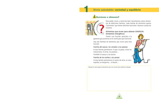 5
¿ Nutriente o alimento?
Para poder crecer y sentirnos bien necesitamos comer alimen-
tos de diferentes familias. Cada familia de alimentos aporta
nutrientes que tienen distintas funciones. Nuestro cuerpo los
necesita.
AAlliimmeennttooss qquuee ssiirrvveenn ppaarraa oobbtteenneerr EENNEERRGGI´I´AA::
AAlliimmeennttooss eenneerrgge´e´ttiiccooss
Tienen una funcio´n parecida a la
gasolina que ponemos en el coche para que funcione.
Hay dos familias de alimentos que sirven para esta
funcio´n:
FFaammiilliiaa ddeell aazzu´u´ccaarr,, llooss cceerreeaalleess yy llaass ppaattaattaass:
A esta familia pertenecen: el pan, la pasta, como los
macarrones, el arroz, las patatas...
Tambie´n el azu´car y los dulces.
FFaammiilliiaa ddee llooss aacceeiitteess yy llaass ggrraassaass::
A esta familia pertenecen el aceite de oliva, la man-
tequilla, la margarina..., el baco´n…
Dieta saludable: variedad y equilibrio
1
Dibuja en este espacio alimentos que nos sirven para obtener energi´a.
 