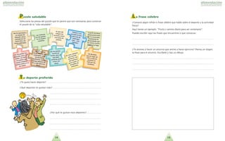 1514
Puzzle saludable
Selecciona las piezas del puzzle que te parece que son necesarias para construir
el puzzle de la vida saludable .
Tu deporte preferido
?Te gusta hacer deporte? . . . . . . . . . . . . . . . . . . . . . . . . . . . . . . . . . . . . . . . . . . . . . .
?Que´ deportes te gustan ma´s?. . . . . . . . . . . . . . . . . . . . . . . . . . . . . . . . . . . . . . . . . .
. . . . . . . . . . . . . . . . . . . . . . . . . . . . . . . . . . . . . . . . . . . .
. . . . . . . . . . . . . . . . . . . . . . . . . . . . . . . . . . . . . . . . . . . .
. . . . . . . . . . . . . . . . . . . . . . . . . . . . . . . . . . . . . . . . . . . .
?Por que´ te gustan esos deportes? . . . . . . . . . . . .
. . . . . . . . . . . . . . . . . . . . . . . . . . . . . . . . . . . . . . . . . . . .
. . . . . . . . . . . . . . . . . . . . . . . . . . . . . . . . . . . . . . . . . . . .
. . . . . . . . . . . . . . . . . . . . . . . . . . . . . . . . . . . . . . . . . . . .
L a frase célebre
?Conoces algu´n refra´n o frase ce´lebre que hable sobre el deporte y la actividad
fi´sica?
Aqui´ tienes un ejemplo: Fruta y camino diario para ser centenario .
Puedes escribir aqui´ las frases que encuentres o que conozcas:
. . . . . . . . . . . . . . . . . . . . . . . . . . . . . . . . . . . . . . . . . . . . . . . . . . . . . . . . . . . . . . . . . . . . . .
. . . . . . . . . . . . . . . . . . . . . . . . . . . . . . . . . . . . . . . . . . . . . . . . . . . . . . . . . . . . . . . . . . . . . .
?Te atreves a hacer un anuncio que anime a hacer ejercicio? Piensa un slogan,
la frase para el anuncio. Escri´belo y haz un dibujo.
. . . . . . . . . . . . . . . . . . . . . . . . . . . . . . . . . . . . . . . . . . . . . . . . . . . . . . . . . . . . . . . . . . . . . .
. . . . . . . . . . . . . . . . . . . . . . . . . . . . . . . . . . . . . . . . . . . . . . . . . . . . . . . . . . . . . . . . . . . . . .
. . . . . . . . . . . . . . . . . . . . . . . . . . . . . . . . . . . . . . . . . . . . . . . . . . . . . . . . . . . . . . . . . . . . . .
MMee hhee aappuunnttaaddoo aa
uunn eeqquuiippoo ddee
bba´a´ssqquueett;; eessttooyy
ccaannssaaddaa ddee vveerr
ttaannttaa tteellee yy ddee
ttaannttoo oorrddeennaaddoorr..
LLaass vveerrdduurraass
nnoo mmee gguussttaann..
YYoo nnoo qquuiieerroo
ccoommeerrllaass..
AAll ssaalliirr ddeell
ccoolleeggiioo mmee
eennccaannttaa ccoommeerr
uunnaa bboollssaa ddee
ppaattaattaass..
NNoo mmee gguussttaann llooss
ddeeppoorrtteess,, ppeerroo ssi´i´ eell
bbaalllleett.. LLeess ddiirre´e´ aa
mmiiss ppaaddrreess qquuee
qquuiieerroo eemmppeezzaarr
ccuuaannttoo aanntteess aa iirr aa
llaass ccllaasseess..
NNoo mmee gguussttaann
mmuucchhoo llaass
ffrruuttaass,, ppeerroo sse´e´
qquuee ddeebboo
ccoommeerrllaass ppaarraa
ccrreecceerr ccoonn
ssaalluudd..
EEnn ccaassaa,, ssiieemmpprree
qquuee ccoocciinnaann
vveerrdduurraass,, mmee
ddaann ppeerrmmiissoo
ppaarraa ccoommeerr uunn
bbooccaaddiilllloo ddee
eemmbbuuttiiddoo..
HHee ddeecciiddiiddooqquuee eenn lluuggaarr ddeessuubbiirr aa ccaassaa eenn
aasscceennssoorr lloo
hhaarre´e´ ppoorr llaass
eessccaalleerraass..
EEssttaarri´i´aa mmuucchhaasshhoorraass ddeellaannttee ddeelloorrddeennaaddoorr,, ppeerroo
hhee ddeecciiddiiddooddoossiiffiiccaarrlloo,, mmeennoossttiieemmppoo ddeellaannttee ddeellPPCC yy mma´a´ss eejjeerrcciicciioo
ffi´i´ssiiccoo..
AA ppaarrttiirr ddee aahhoorraa
ddeessaayyuunnaarre´e´ aanntteess
ddee iirr aa llaa eessccuueellaa;;
rreeaallmmeennttee hhee
ccoommpprroobbaaddoo qquuee
mmee ssiieennttoo mmuucchhoo
mmeejjoorr ssii lloo hhaaggoo..
PPooddrri´i´aa iirr aa llaaeessccuueellaa eenn bbiiccii,,ppeerroo eessoo ddeemmaaddrruuggaarrmma´a´ss……!!mmee
ffaassttiiddiiaa!!
 