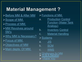 Before MM & After MM
Scope of MM.
Process of MM.
MM Revolves around
5M’s
Why MM is Necessary?
Focus of MM.
Objectives of MM
Main depts. Of MM.
Functions of MM.
a. Production Control
Function (Water Tank
Analogy)
b. Inventory Control
c. Material Handling
Systems
a. JIS
b. SCM
c. WMS
 Challenges for MM
implementation. Q & A Section
 Thank You
 