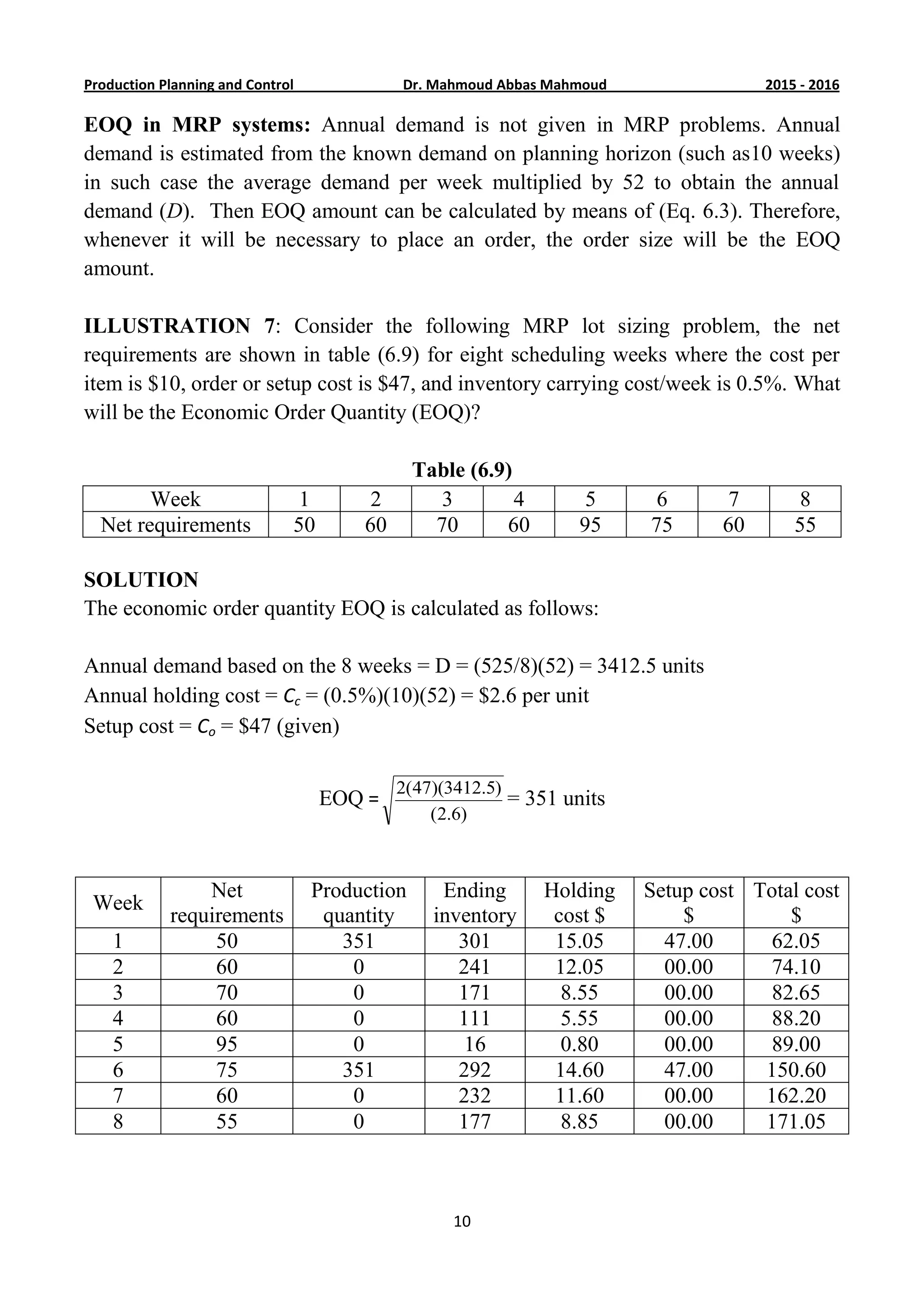 6201-5201Dr. Mahmoud Abbas MahmoudProduction Planning and Control
10
EOQ in MRP systems: Annual demand is not given in MRP problems. Annual
demand is estimated from the known demand on planning horizon (such as10 weeks)
in such case the average demand per week multiplied by 52 to obtain the annual
demand (D). Then EOQ amount can be calculated by means of (Eq. 6.3). Therefore,
whenever it will be necessary to place an order, the order size will be the EOQ
amount.
ILLUSTRATION 7: Consider the following MRP lot sizing problem, the net
requirements are shown in table (6.9) for eight scheduling weeks where the cost per
item is $10, order or setup cost is $47, and inventory carrying cost/week is 0.5%. What
will be the Economic Order Quantity (EOQ)?
Table (6.9)
Week 1 2 3 4 5 6 7 8
Net requirements 50 60 70 60 95 75 60 55
SOLUTION
The economic order quantity EOQ is calculated as follows:
Annual demand based on the 8 weeks = D = (525/8)(52) = 3412.5 units
Annual holding cost = Cc = (0.5%)(10)(52) = $2.6 per unit
Setup cost = Co = $47 (given)
EOQ =
)6.2(
)5.3412)(47(2
= 351 units
Week
Net
requirements
Production
quantity
Ending
inventory
Holding
cost $
Setup cost
$
Total cost
$
1 50 351 301 15.05 47.00 62.05
2 60 0 241 12.05 00.00 74.10
3 70 0 171 8.55 00.00 82.65
4 60 0 111 5.55 00.00 88.20
5 95 0 16 0.80 00.00 89.00
6 75 351 292 14.60 47.00 150.60
7 60 0 232 11.60 00.00 162.20
8 55 0 177 8.85 00.00 171.05
 