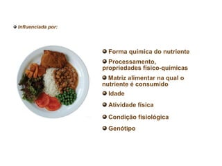 Forma química do nutriente
Processamento,
propriedades físico-químicas
Idade
Atividade física
Genótipo
Matriz alimentar na qual o
nutriente é consumido
Condição fisiológica
Influenciada por:
 