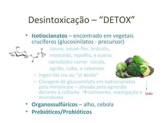 Desintoxicação – “DETOX”
• Isotiocianatos – encontrado em vegetais
crucíferos (glucosinilatos - precursor)
– couve, couve-flor, brócolis,
– mostarda, repolho, e outras
variedades como: rúcula,
agrião, nabo, e rabanete
– Ingerí-los cru ou “al dente”
– Clivagem de glucosinilato em isotiocianatos
pela mirosinase – ativada pela agressão
durante a colheita cozimento, mastigação e
microbiota
• Organossulfúricos – alho, cebola
• Prebióticos/Probióticos
Iodo
 