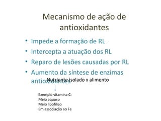 Mecanismo de ação de
antioxidantes
• Impede a formação de RL
• Intercepta a atuação dos RL
• Reparo de lesões causadas por RL
• Aumento da síntese de enzimas
antioxidantesNutriente isolado x alimento
Exemplo vitamina C:
Meio aquoso
Meio lipofílico
Em associação ao Fe
 