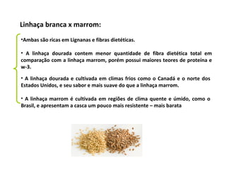 Linhaça branca x marrom:
•Ambas são ricas em Lignanas e fibras dietéticas.
• A linhaça dourada contem menor quantidade de fibra dietética total em
comparação com a linhaça marrom, porém possui maiores teores de proteína e
w-3.
• A linhaça dourada e cultivada em climas frios como o Canadá e o norte dos
Estados Unidos, e seu sabor e mais suave do que a linhaça marrom.
• A linhaça marrom é cultivada em regiões de clima quente e úmido, como o
Brasil, e apresentam a casca um pouco mais resistente – mais barata
 