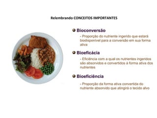 Bioconversão
Bioeficácia
Bioeficiência
- Proporção do nutriente ingerido que estará
biodisponível para a conversão em sua forma
ativa
- Eficiência com a qual os nutrientes ingeridos
são absorvidos e convertidos à forma ativa dos
nutrientes
- Proporção da forma ativa convertida do
nutriente absorvido que atingirá o tecido alvo
Relembrando CONCEITOS IMPORTANTES
 