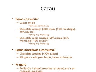 Cacau
• Como consumir?
– Cacau em pó
– ~55mg de polifenóis /g
– Chocolate amargo (50% cacau [11% manteiga];
48% açúcar)
– ~17 mg de polifenóis /g
– Chocolate meio amargo (50% cacau [11%
manteiga]; 48% açúcar)
– ~12 mg de polifenóis /g
• Como incentivar o consumo?
– Chocolate amargo (>70% cacau)
– Mingaus, calda para frutas, bolos e biscoitos
• Preparo
– Polifenóis instável em altas temperaturas e em
 