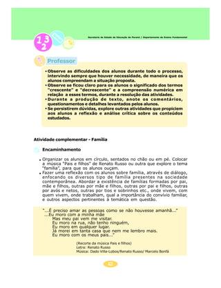 Secretaria de Estado da Educação do Paraná / Departamento de Ensino Fundamental




     Professor
      Observe as dificuldades dos alunos durante todo o processo,
      intervindo sempre que houver necessidade, de maneira que os
      alunos compreendam a situação proposta.
      Observe se ficou claro para os alunos o significado dos termos
      “crescente” e “decrescente” e a compreensão numérica em
      relação a esses termos, durante a resolução das atividades.
      Durante a produção de texto, anote os comentários,
      questionamentos e detalhes levantados pelos alunos.
      Se persistirem dúvidas, explore outras atividades que propiciem
      aos alunos a reflexão e análise crítica sobre os conteúdos
      estudados.




Atividade complementar - Família

   Encaminhamento

   Organizar os alunos em círculo, sentados no chão ou em pé. Colocar
   a música “Pais e filhos” de Renato Russo ou outra que explore o tema
   “família”, para que os alunos ouçam.
   Fazer uma reflexão com os alunos sobre família, através de diálogo,
   enfocando os diversos tipo de família presentes na sociedade
   contemporânea. Abordar a existência de famílias formadas por pai,
   mãe e filhos, outras por mãe e filhos, outras por pai e filhos, outras
   por avós e netos, outras por tios e sobrinhos etc., onde vivem, com
   quem vivem, onde trabalham, qual a importância do convívio familiar,
   e outros aspectos pertinentes à temática em questão.

   “...É preciso amar as pessoas como se não houvesse amanhã...”
    ...Eu moro com a minha mãe
        Mas meu pai vem me visitar.
        Eu moro na rua, não tenho ninguém,
        Eu moro em qualquer lugar.
        Já morei em tanta casa que nem me lembro mais.
        Eu moro com os meus pais...”

                   (Recorte da música Pais e filhos)
                   Letra: Renato Russo
                   Música: Dado Villa-Lobos/Renato Russo/ Marcelo Bonfá


                                         62
 