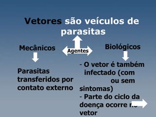 Vetores  são veículos de parasitas  Mecânicos  Biológicos  Agentes   Parasitas transferidos por contato externo  O vetor é também  infectado (com  ou sem sintomas)  Parte do ciclo da  doença ocorre no  vetor  