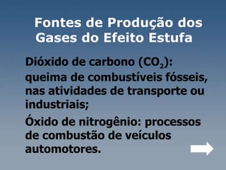 Fontes de Produção dos Gases do Efeito Estufa  Dióxido de carbono (CO 2 ): queima de combustíveis fósseis, nas atividades de transporte ou industriais;  Óxido de nitrogênio: processos de combustão de veículos automotores.  