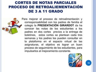 CORTES DE NOTAS PARCIALES
PROCESO DE RETROALIEMENTACIÓN
DE 3 A 11 GRADO
Para mejorar el proceso de retroalimentación y
corresponsabilidad con los padres de familia el
colegio la PRESENTACIÓN GIRARDOT da ha
conocer las notas de los estudiantes a los
padres en dos cortes previos a la entrega de
boletines, estos cortes se plantean cada tres
semanas y los padres los pueden consultar en
la plataforma en el espacio virtual de las
asignaturas, el objetivo es lograr un buen
proceso de seguimiento de los estudiantes, para
impulsarlos al mejoramiento constante.
15
 