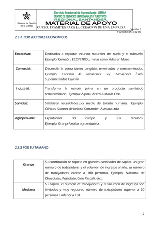 Sistema de Gestión
    de la Calidad
                      CURSO: TRAMITES PARA LA CREACION DE UNA EMPRESA
                                                                                             Versión 1
                                                                                  F02-6060-014 / 02-06

2.3.2 POR SECTORES ECONOMICOS




Extractivas:              Dedicadas a explotar recursos naturales del suelo y el subsuelo.
                          Ejemplo: Cerrejón, ECOPETROL, minas esmeraldas en Muzo.

Comercial:                Desarrolla la venta bienes tangibles terminados o semiterminados.
                          Ejemplo:     Cadenas     de   almacenes       Ley,     Almacenes       Éxito,
                          Supermercados Cajasan.

Industrial:               Transforma    la   materia    prima   en      un     producto    terminado
                          semiterminado. Ejemplo: Alpina, Acero & Mallas Ltda.

Servicios:                Satisfacen necesidades por medio del talento humano.               Ejemplo:
                          Clínicas, Salones de belleza, Cotrander, Asecasa Ltda.

Agropecuaria:             Explotación        del        campo           y        sus         recursos.
                          Ejemplo: Granja Paraíso, agroindustria.




2.3.3 POR SU TAMAÑO



                          Su constitución se soporta en grandes cantidades de capital, un gran
      Grande
                          número de trabajadores y el volumen de ingresos al año, su número
                          de trabajadores excede a 100 personas. Ejemplo: Nacional de
                          Chocolates, Postobón, Gino Pascalli, etc.).
                          Su capital, el número de trabajadores y el volumen de ingresos son
     Mediana              limitados y muy regulares, número de trabajadores superior a 20
                          personas e inferior a 100.




                                                                                                         12
 