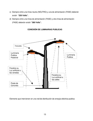 c) Siempre entre una línea neutra (NEUTRO) y una de alimentación (FASE) deberán 
     existir  “220 Volts”.
d) Siempre entre una línea de alimentación (FASE) y otra línea de alimentación 
     (FASE) deberán existir “380 Volts”.


                                   CONEXIÓN DE LUMINARIAS PUBLICAS


                                              




          Fotocelda



  Luminaria 
  Publica                                                                   Luminaria 
  Peatonal                                                                  Publica




Focaliza su 
Luz artificial a 
las veredas
                                                        Focaliza su 
                                                        Luz artificial a 
                                                        las calles

  Poste de 
  Concreto
                               




Elemento que intervienen en una red de distribución de energía eléctrica publica




                                                 13
 