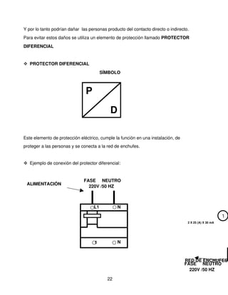 Y por lo tanto podrían dañar  las personas producto del contacto directo o indirecto. 
Para evitar estos daños se utiliza un elemento de protección llamado PROTECTOR 
DIFERENCIAL


 PROTECTOR DIFERENCIAL
                                         SÍMBOLO



                                P
                                            D

Este elemento de protección eléctrico, cumple la función en una instalación, de 
proteger a las personas y se conecta a la red de enchufes.


 Ejemplo de conexión del protector diferencial:


                               FASE     NEUTRO
 ALIMENTACIÓN
                                   220V /50 HZ



                                    L1          N

                                                                                                         T
                                                                                    2 X 25 (A) X 30 mA




                                    1           N



                                                                                   RED DE ENCHUFES
                                                                                   FASE     NEUTRO
                                                                                       220V /50 HZ

                                           22
 