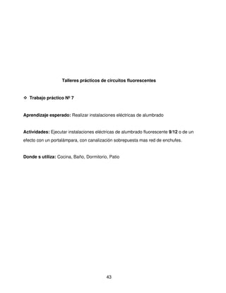 Talleres prácticos de circuitos fluorescentes


 Trabajo práctico Nº 7


Aprendizaje esperado: Realizar instalaciones eléctricas de alumbrado 


Actividades: Ejecutar instalaciones eléctricas de alumbrado fluorescente 9/12 o de un 
efecto con un portalámpara, con canalización sobrepuesta mas red de enchufes.


Donde s utiliza: Cocina, Baño, Dormitorio, Patio




                                         43
 