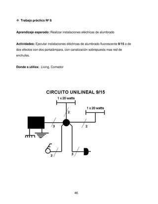  Trabajo práctico Nº 8


Aprendizaje esperado: Realizar instalaciones eléctricas de alumbrado 


Actividades: Ejecutar instalaciones eléctricas de alumbrado fluorescente 9/15 o de 
dos efectos con dos portalámpara, con canalización sobrepuesta mas red de 
enchufes.


Donde s utiliza:  Living, Comedor




                                         46
 