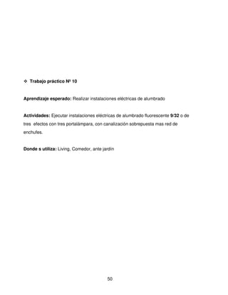  Trabajo práctico Nº 10 


Aprendizaje esperado: Realizar instalaciones eléctricas de alumbrado 


Actividades: Ejecutar instalaciones eléctricas de alumbrado fluorescente 9/32 o de 
tres  efectos con tres portalámpara, con canalización sobrepuesta mas red de 
enchufes.


Donde s utiliza: Living, Comedor, ante jardín




                                         50
 