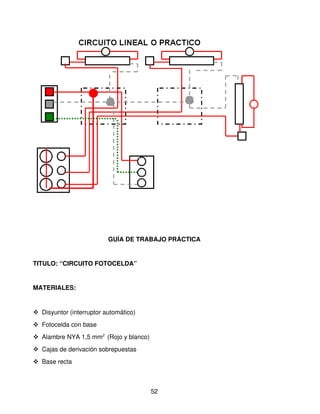 GUÍA DE TRABAJO PRÁCTICA


TITULO: “CIRCUITO FOTOCELDA”


MATERIALES: 


 Disyuntor (interruptor automático)
 Fotocelda con base
 Alambre NYA 1,5 mm2  (Rojo y blanco)
 Cajas de derivación sobrepuestas 
 Base recta



                                         52
 