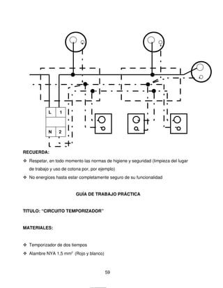 L       1



            N      2  



RECUERDA:
 Respetar, en todo momento las normas de higiene y seguridad (limpieza del lugar 
   de trabajo y uso de cotona por, por ejemplo)
 No energices hasta estar completamente seguro de su funcionalidad


                           GUÍA DE TRABAJO PRÁCTICA


TITULO: “CIRCUITO TEMPORIZADOR”


MATERIALES: 


 Temporizador de dos tiempos
 Alambre NYA 1,5 mm2  (Rojo y blanco)



                                         59
 