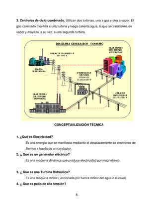 3. Centrales de ciclo combinado. Utilizan dos turbinas, una a gas y otra a vapor. El 
gas calentado moviliza a una turbina y luego calienta agua, la que se transforma en 
vapor y moviliza, a su vez, a una segunda turbina. 




                           CONCEPTUALIZACIÓN TÉCNICA


1. ¿Qué es Electricidad?
      Es una energía que se manifiesta mediante el desplazamiento de electrones de 
      átomos a través de un conductor.
2. ¿ Que es un generador eléctrico?
      Es una maquina dinámica que produce electricidad por magnetismo.


3. ¿ Que es una Turbina Hidráulica?
      Es una maquina motriz ( accionada por fuerza motriz del agua o el calor)
4. ¿ Que es patio de alta tensión?


                                           8
 