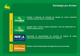 Estratégia por divisão



                        Ampliar a liderança de mercado de aluguel de carros mantendo
                        elevados retornos sobre o investimento
Atividades Principais




                        Agregar valor à marca Localiza ampliando a rede de distribuição no
                        Brasil e América do Sul




                        Aproveitar as oportunidades do mercado de aluguel de frotas
                        decorrentes da sinergia da plataforma de negócios
Suporte




                        Reduzir custo de depreciação do aluguel de carros e de frotas




                                                                                             4
 