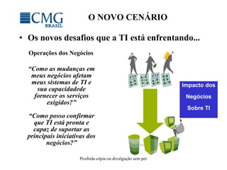 O NOVO CENÁRIO Os novos desafios que a TI está enfrentando... Operações dos Negócios “ Como as mudanças em meus negócios afetam meus sistemas de TI e sua capacidadede fornecer os serviços exigidos?” “ Como posso confirmar que TI está pronta e capaz de suportar as principais iniciativas dos negócios?” Impact o dos Negócios Sobre TI 