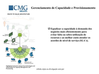 Gerenciamento de Capacidade e Provisionamento Equalizar a capacidade à demanda dos negócios mais eficientemente para evitar falta ou sobre-utilização de recursos e ao melhor custo atender os acordos de nível de serviço (SLA´s). 