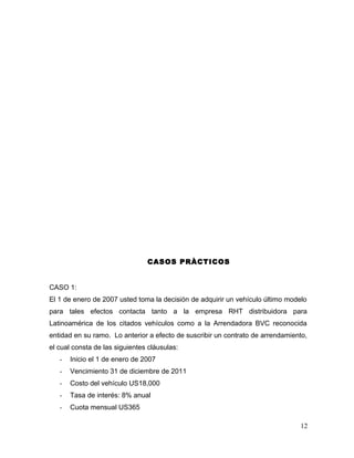 CASOS PRÀCTICOS
CASO 1:
El 1 de enero de 2007 usted toma la decisión de adquirir un vehículo último modelo
para tales efectos contacta tanto a la empresa RHT distribuidora para
Latinoamérica de los citados vehículos como a la Arrendadora BVC reconocida
entidad en su ramo. Lo anterior a efecto de suscribir un contrato de arrendamiento,
el cual consta de las siguientes cláusulas:
- Inicio el 1 de enero de 2007
- Vencimiento 31 de diciembre de 2011
- Costo del vehículo US18,000
- Tasa de interés: 8% anual
- Cuota mensual US365
12
 