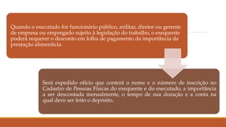 Quando o executado for funcionário público, militar, diretor ou gerente
de empresa ou empregado sujeito à legislação do trabalho, o exequente
poderá requerer o desconto em folha de pagamento da importância da
prestação alimentícia.
Será expedido ofício que conterá o nome e o número de inscrição no
Cadastro de Pessoas Físicas do exequente e do executado, a importância
a ser descontada mensalmente, o tempo de sua duração e a conta na
qual deve ser feito o depósito.
 