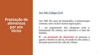 Prestação de
alimentos
por ato
ilícito
Art. 948. Código Civil
Art. 948. No caso de homicídio, a indenização
consiste, sem excluir outras reparações:
I - no pagamento das despesas com o
tratamento da vítima, seu funeral e o luto da
família;
II - na prestação de alimentos às pessoas a
quem o morto os devia, levando-se em conta a
duração provável da vida da vítima.
 